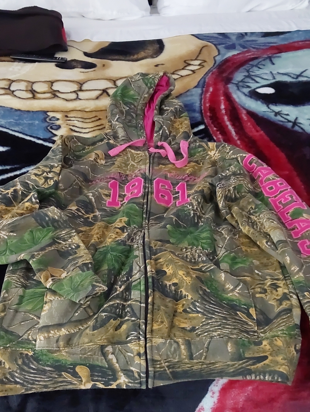 Cabela's Green Camo Hoodie with Pink Accents